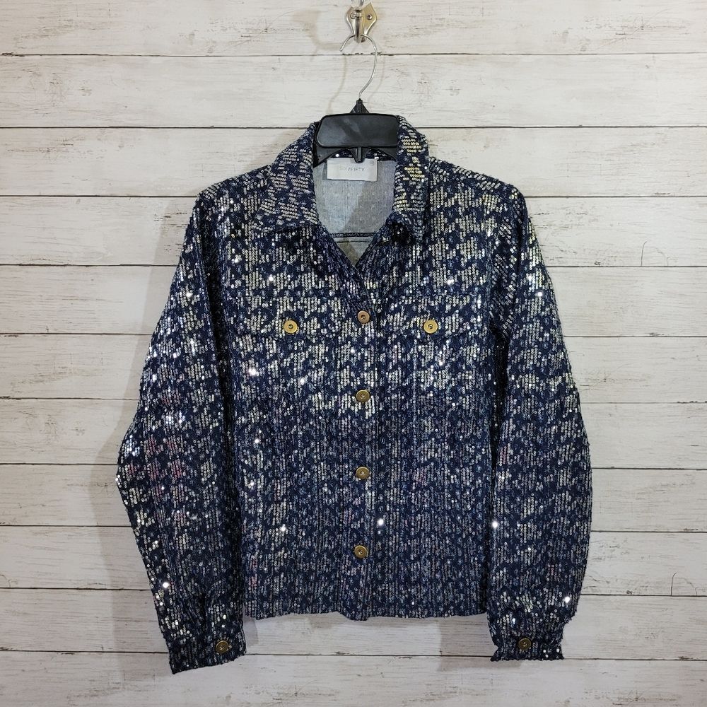 Boutique Denim Blue Jacket Silver Sequin Embellished Brass Button Raw Hem Sz XS - Picture 2 of 12